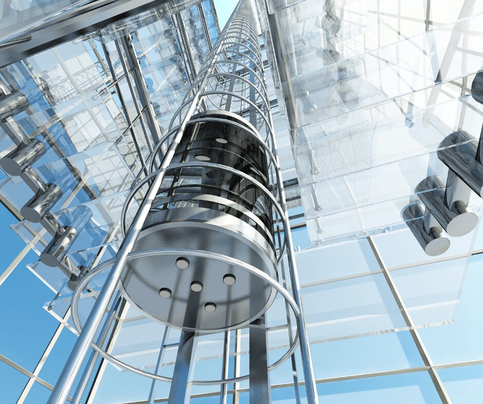 Vue d'un ascenseur moderne en verre et en acier avec un verrou électromagnétique visible dans la structure.
