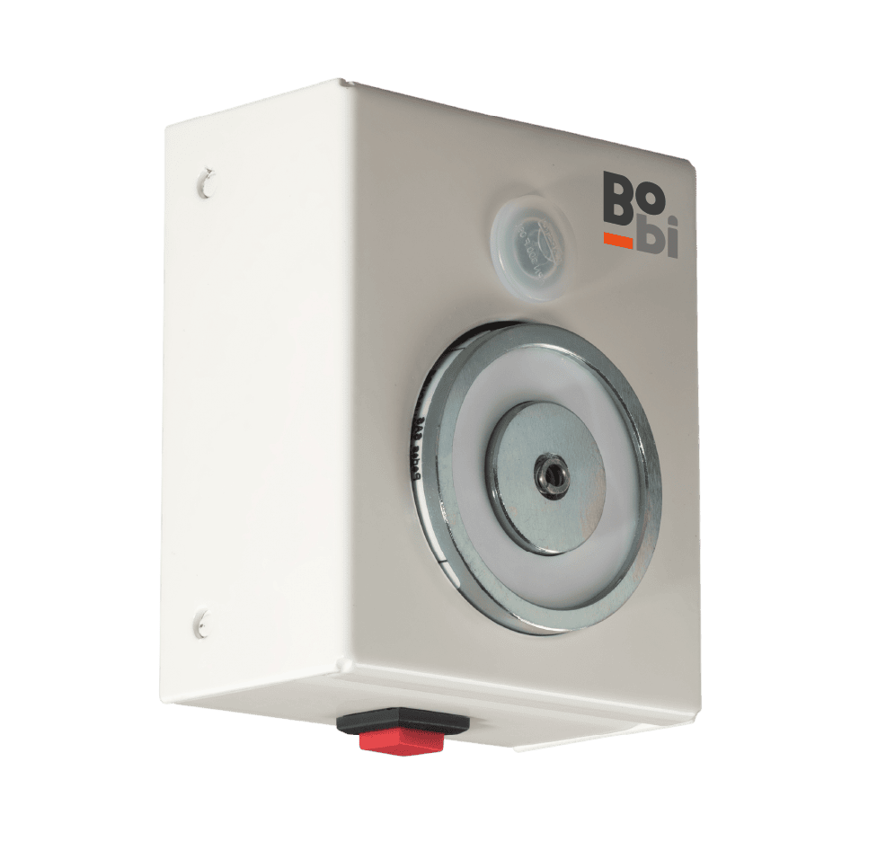 Ventouse électromagnétique murale BOBI-M de Perjes en boîtier standard, pour portes coupe-feu, alimentation 24/48 Vcc.
