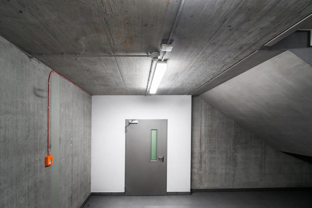 Porte coupe-feu métallique dans une cage d’escalier, illustrant l’usage de ventouses et verrous électromagnétiques pour la sécurité incendie